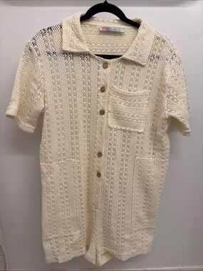 Free People Cream Crochet Button-Front Romper
